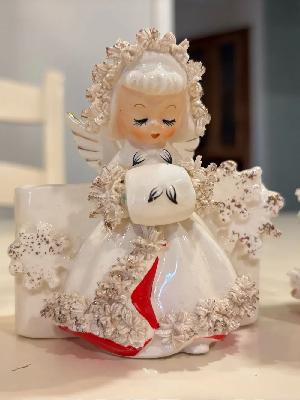 Vintage 1958 HoltHoward Ermine Angel Candle Holders Planter Spaghetti Trim Japan
